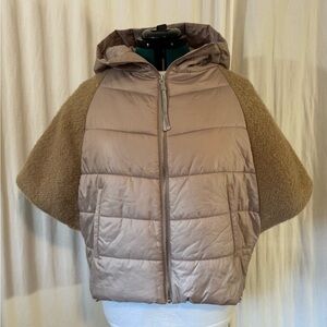 Women's Tan Hooded Wool and Polyester Blend Cropped Poncho Puffer Vest size M